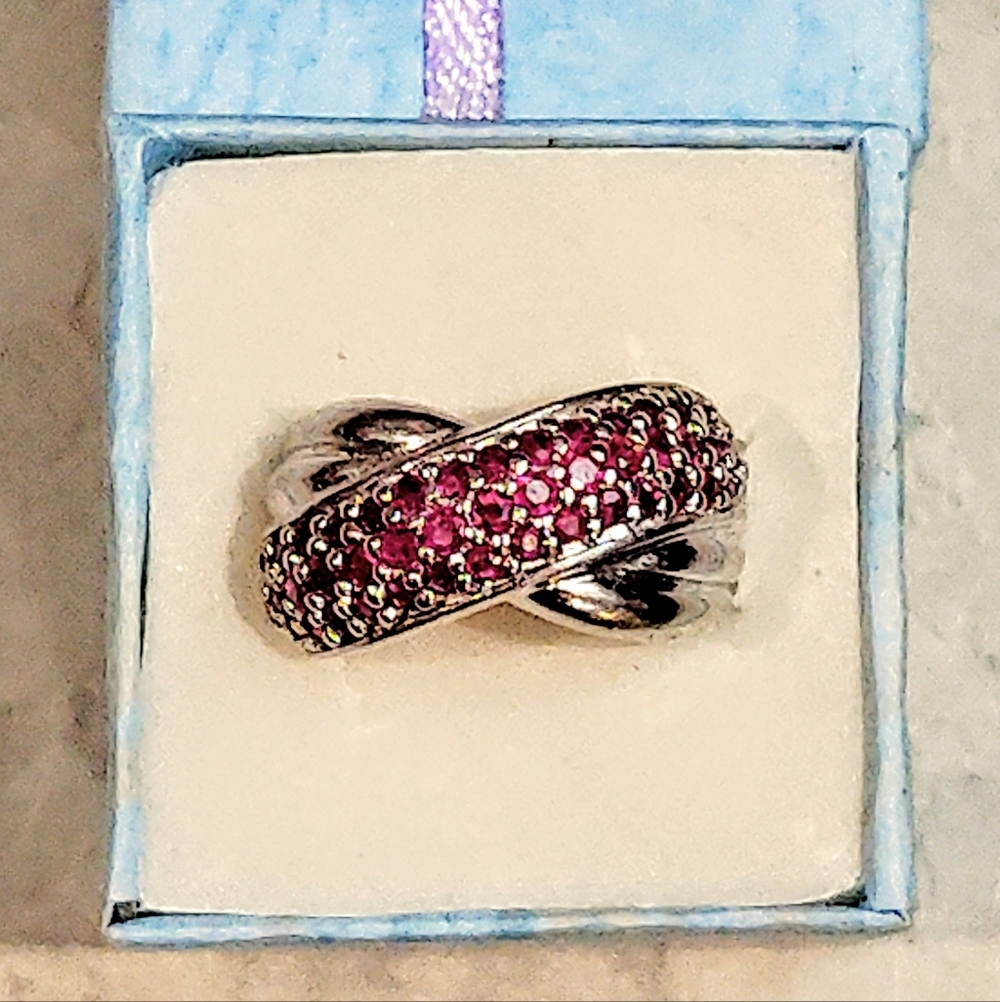 VINTAGE NATURAL 1ct RUBY STERLING SILVER CLUSTER CROSSOVER STYLE RING .925